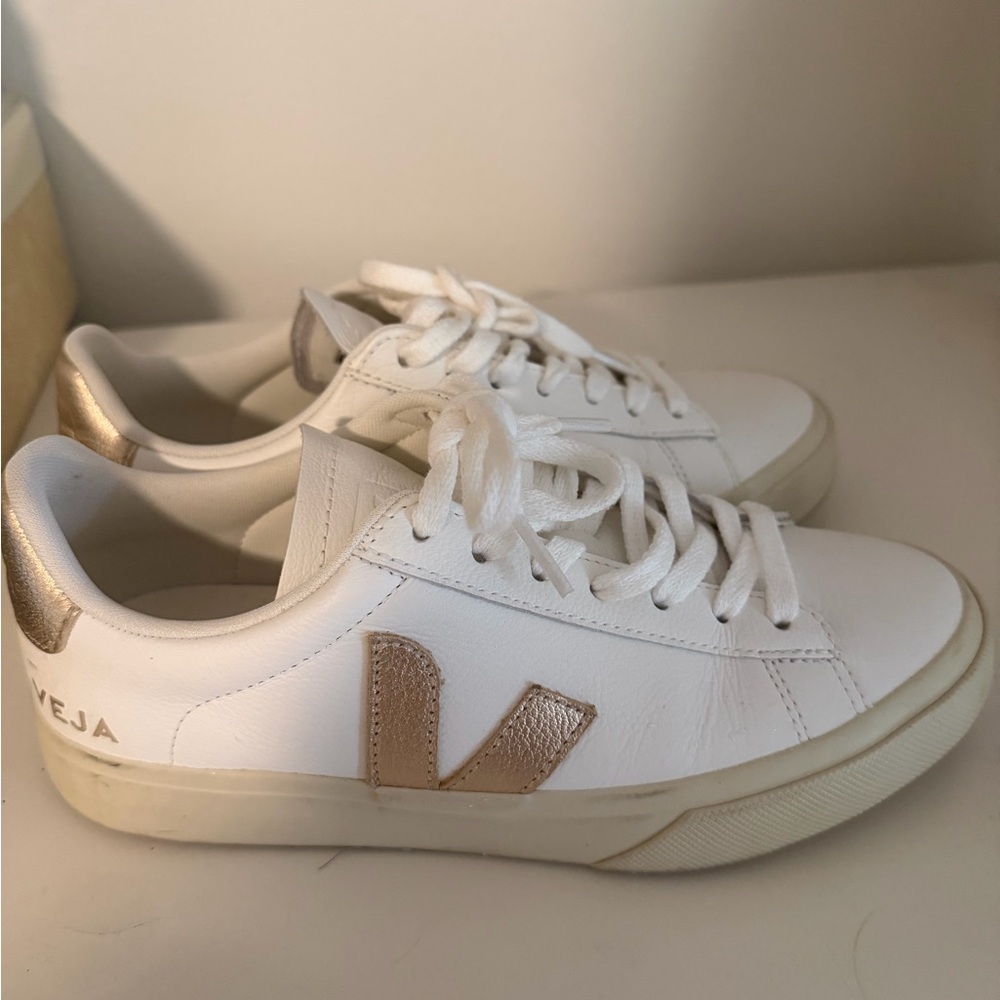 Veja White Leather Sneakers with Tan Accents - Picture 2 of 5
